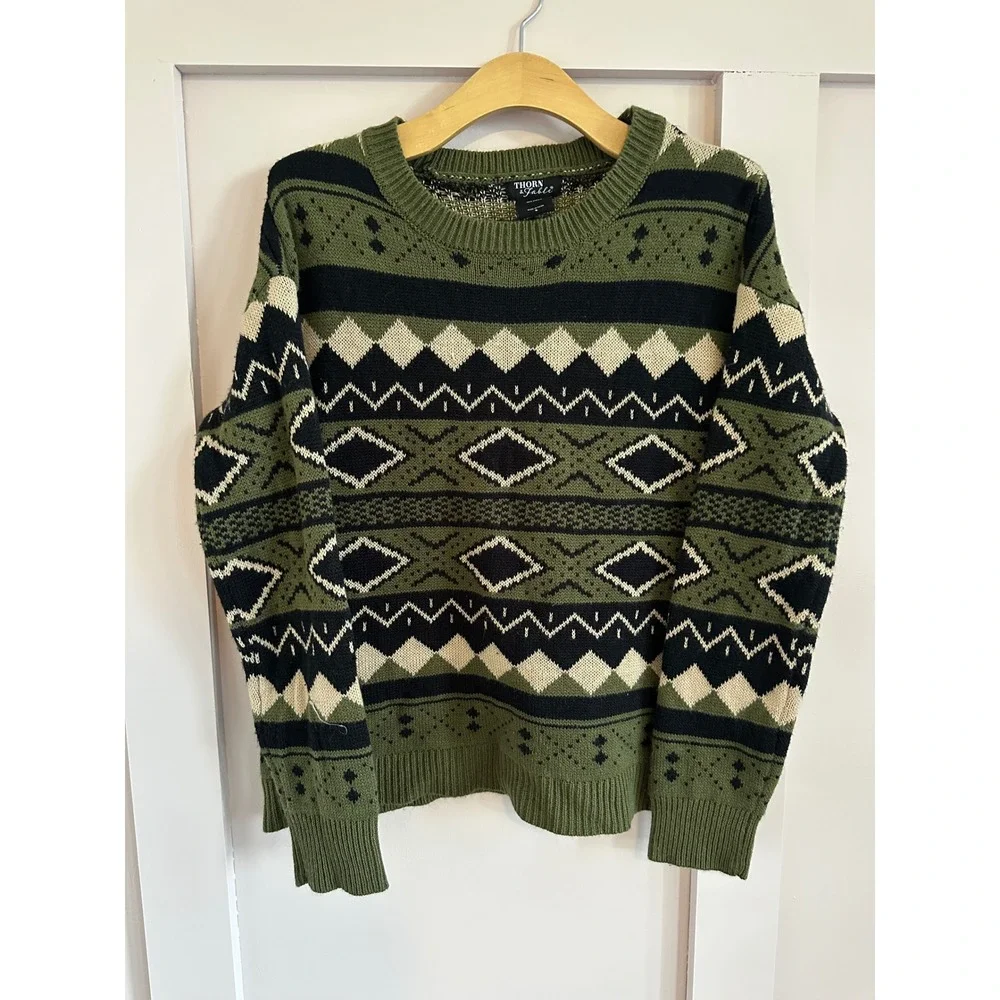 Thorn & Fable Hot Topic Mens Green Fair Isle Geometric Knit Crewneck Sweater S